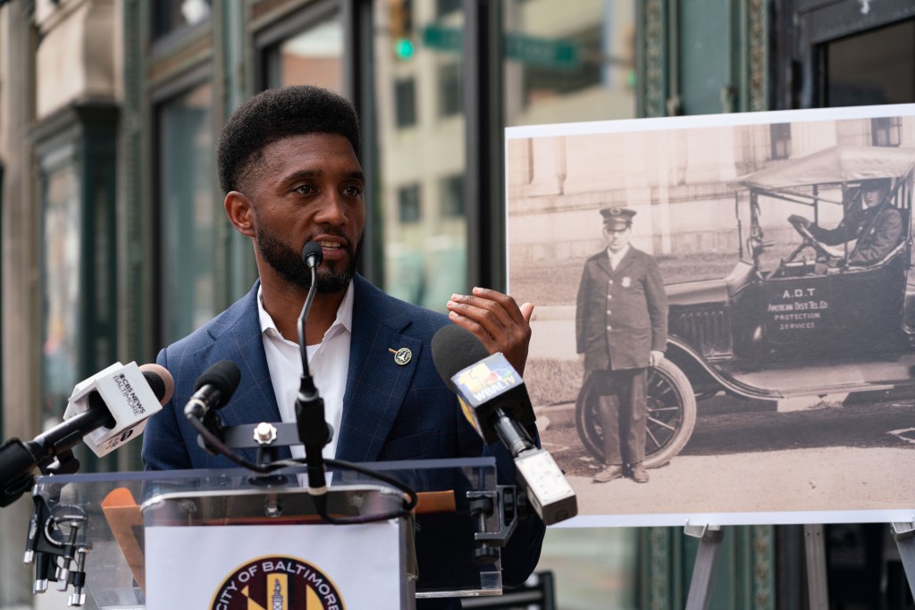 Baltimore Mayor Brandon Scott speaks at the unveiling.