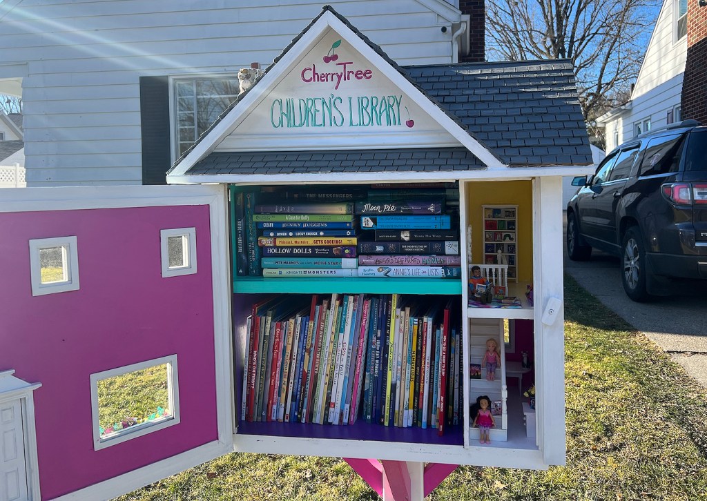 Nancy Vogl and David Strange's Little Free Library proudly proclaims that it's protected by ADT.