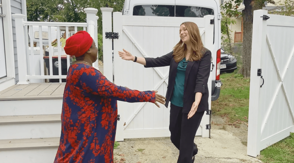 Latisha Ogochukwu, left, and Emily McCain meet at Ogochukwu's home after McCain answered Ogochukwu's call for help.