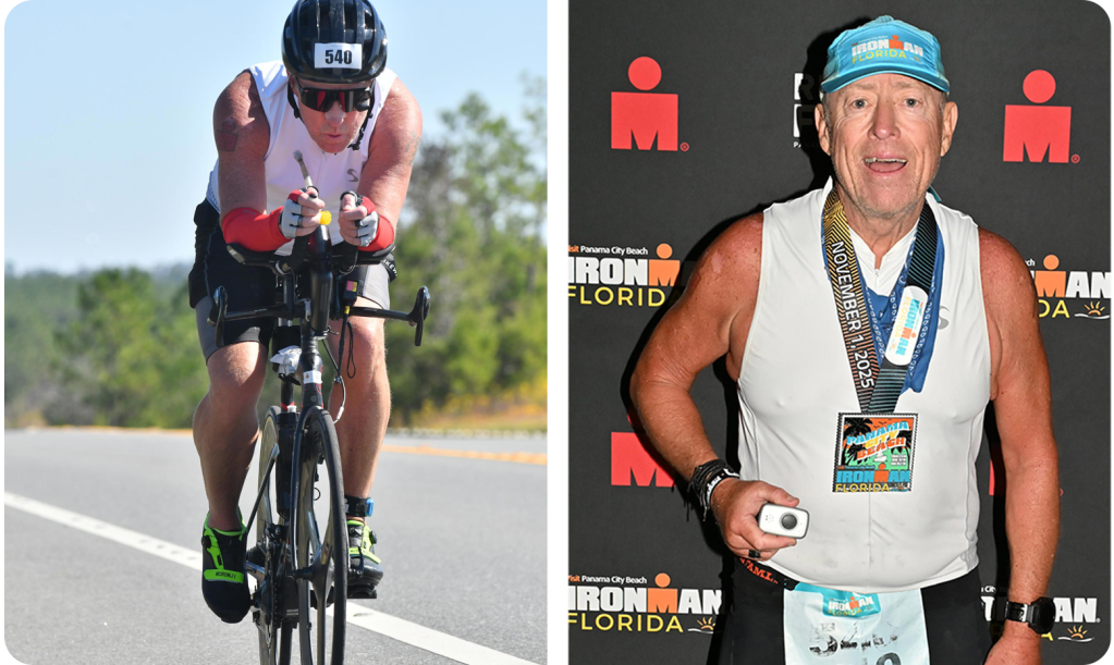 Paul Quinn wore his ADT Health On-The-Go pendant (in his hand at right) during his third Ironman triathlon in November.
