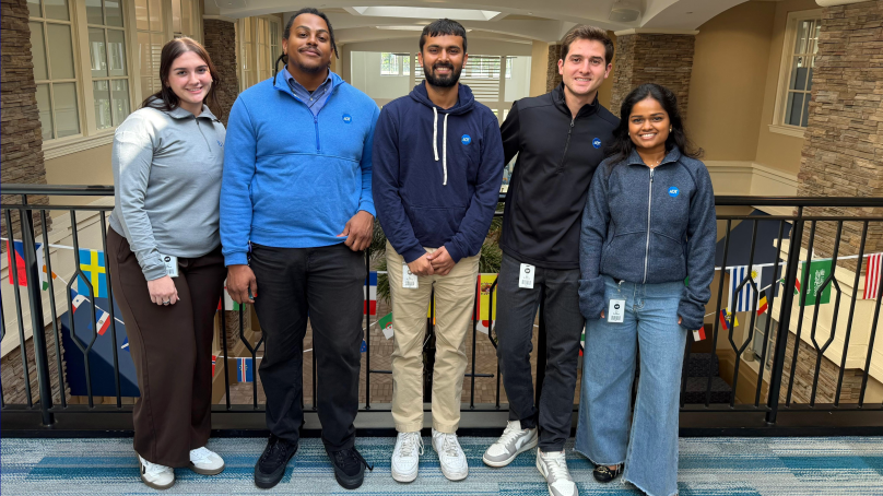 From left, summer interns Gabriella Randazzo and Dominic Dupuy, and mentors Shivam Tiwari, Nikolas Zimmerman and Preethi Vennapusa are taking part in ADT's new Peer Mentorship Program.